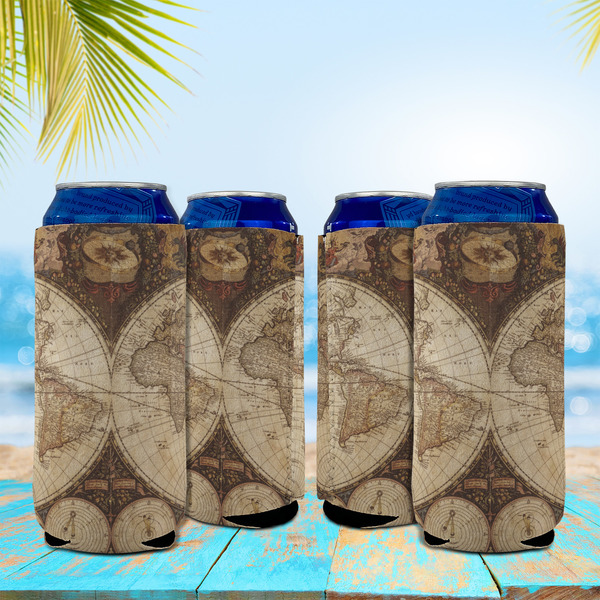 Vintage World Map 16oz Can Sleeve - Set of 4 - LIFESTYLE