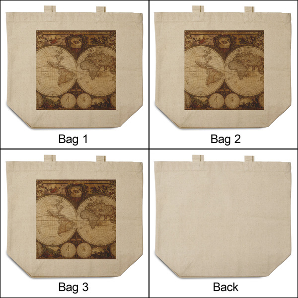 Vintage World Map 3 Reusable Cotton Grocery Bags - Front & Back View