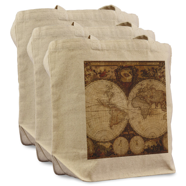 Vintage World Map 3 Reusable Cotton Grocery Bags - Front View
