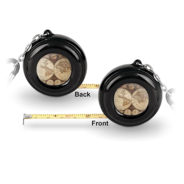 Vintage World Map 6-Ft Pocket Tape Measure with Carabiner Hook - Front and Back