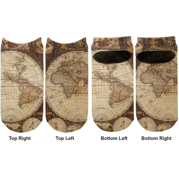 Vintage World Map Adult Ankle Socks - Double Pair - Front and Back - Apvl