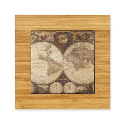 Vintage World Map Bamboo Trivet with Ceramic Tile Insert