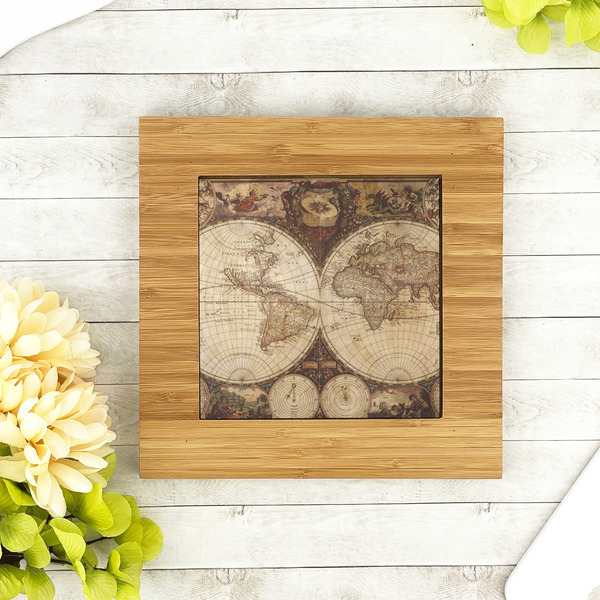 Vintage World Map Bamboo Trivet with 6" Tile - LIFESTYLE