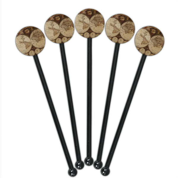Vintage World Map Black Plastic 5.5" Stir Stick - Round - Fan View