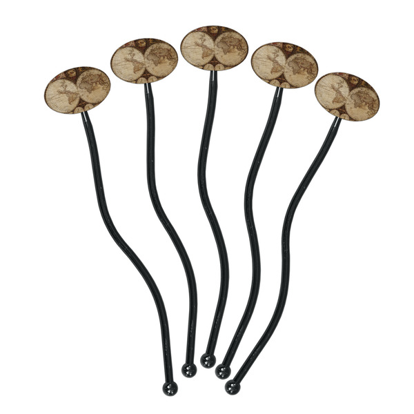 Vintage World Map Black Plastic 7" Stir Stick - Oval - Fan