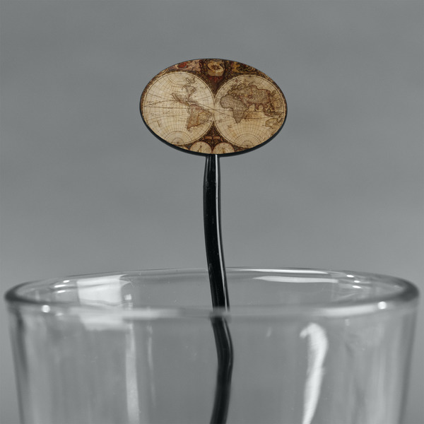 Vintage World Map Black Plastic 7" Stir Stick - Oval - Main