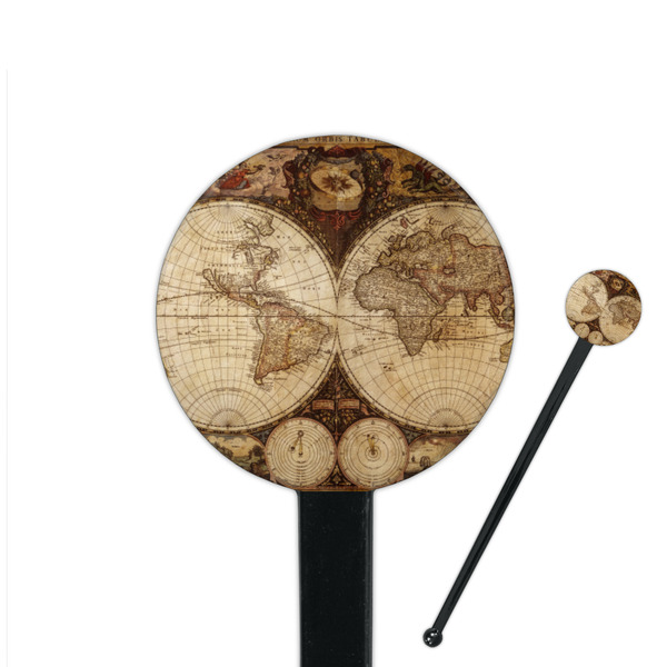 Custom Vintage World Map 7" Round Plastic Stir Sticks - Black - Single Sided