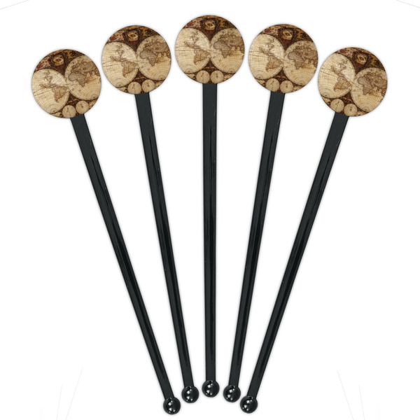 Vintage World Map Black Plastic 7" Stir Stick - Round - Fan View