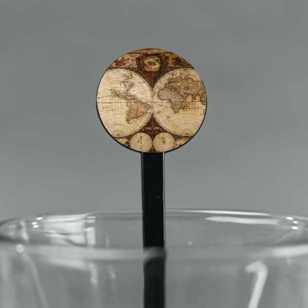 Vintage World Map Black Plastic 7" Stir Stick - Round - Main