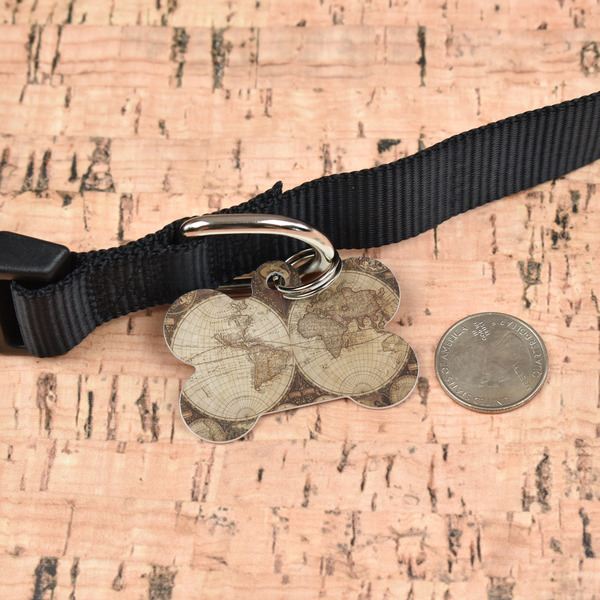 Vintage World Map Bone Shaped Dog ID Tag - Large - In Context