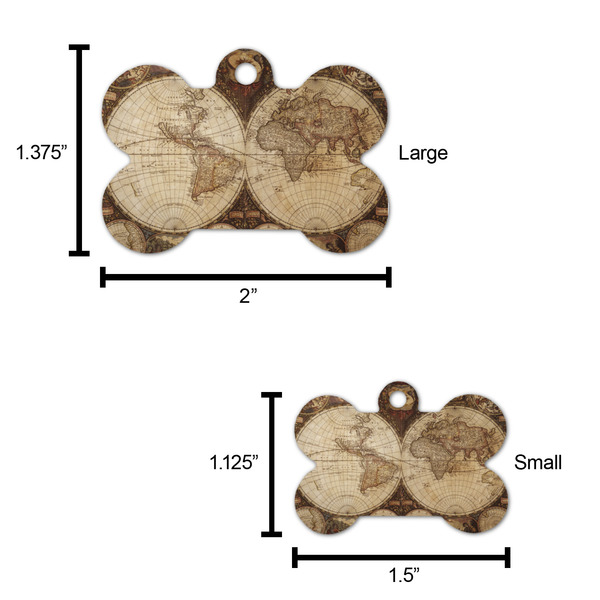 Vintage World Map Bone Shaped Dog ID Tag - Large - Scale