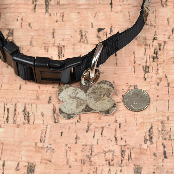 Vintage World Map Bone Shaped Dog ID Tag - Small - In Context