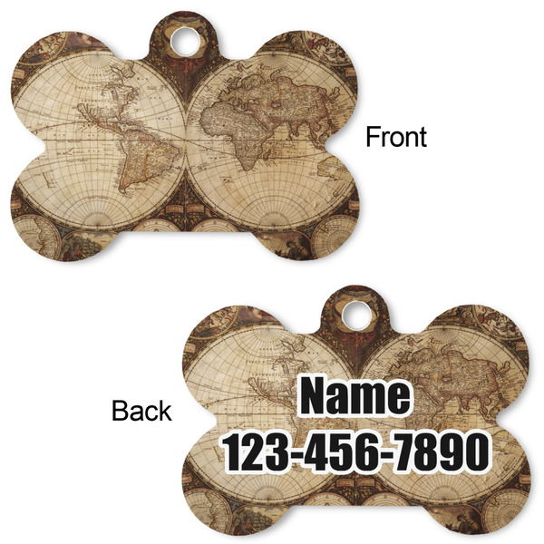 Vintage World Map Bone Shaped Dog Tag - Front & Back