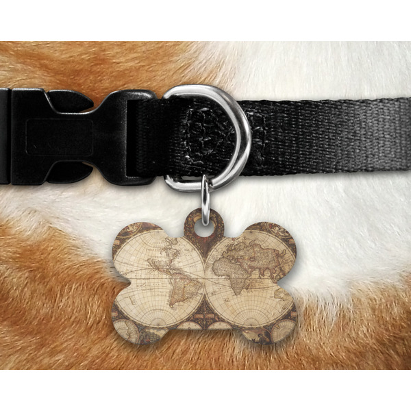 Vintage World Map Bone Shaped Dog Tag on Collar & Dog