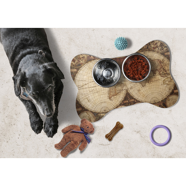Vintage World Map Bone Shaped Mat w/ Food & Water