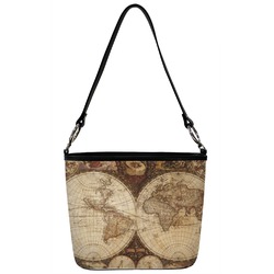 Vintage World Map Bucket Bag w/ Genuine Leather Trim - Large