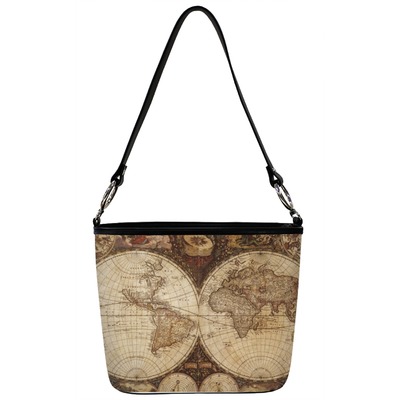 Vintage World Map Bucket Bag w/ Genuine Leather Trim