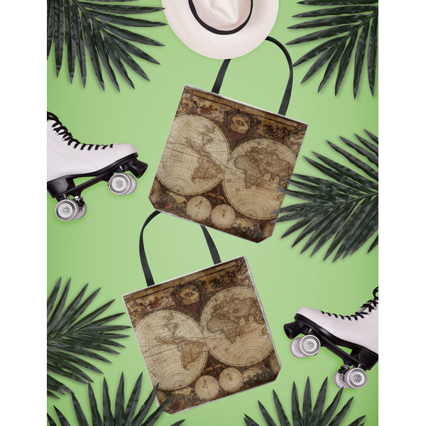 Vintage World Map Canvas Tote Lifestyle Front and Back- 13x13