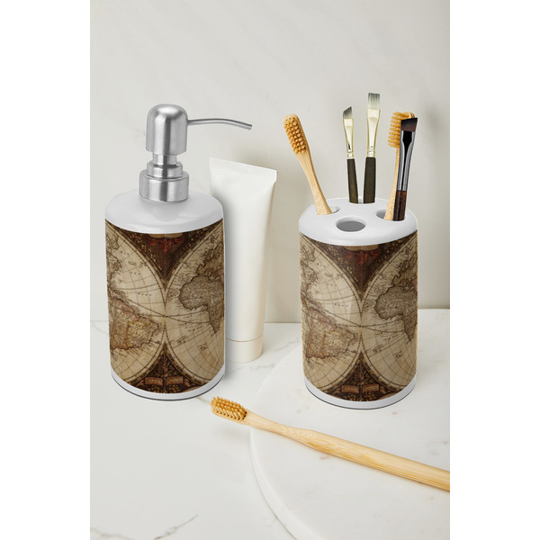 Vintage World Map Ceramic Bathroom Accessories - LIFESTYLE (toothbrush holder & soap dispenser)