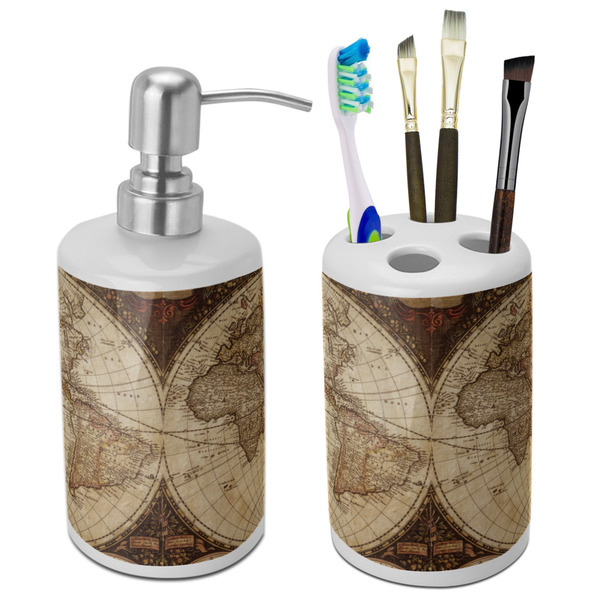 Custom Vintage World Map Ceramic Bathroom Accessories Set