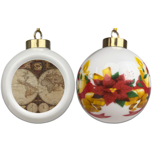 Vintage World Map Ceramic Christmas Ornament - Poinsettias (APPROVAL)