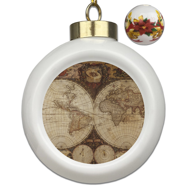 Custom Vintage World Map Ceramic Ball Ornaments - Poinsettia Garland