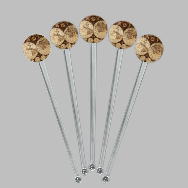 Vintage World Map Clear Plastic 7" Stir Stick - Round - Fan View