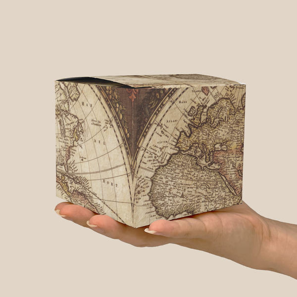 Vintage World Map Cube Favor Gift Box - On Hand - Scale View