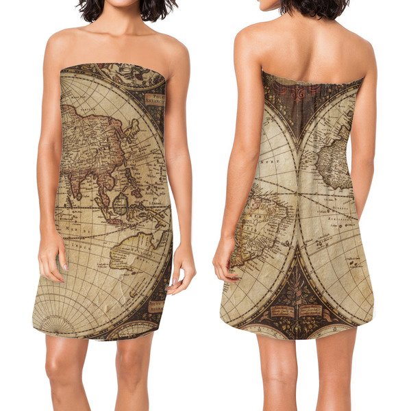 Vintage World Map Custom Bath Wrap - Front & Back View