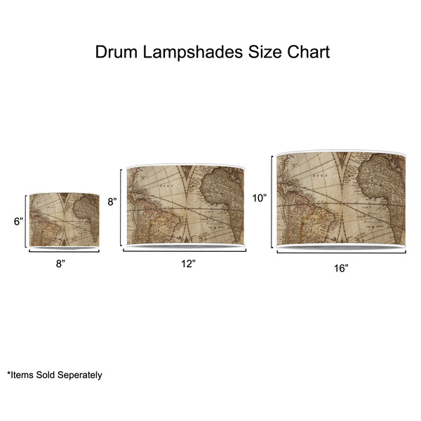 Vintage World Map Drum Lampshades - Sizing Chart