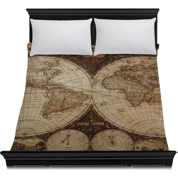 Vintage World Map Duvet Cover - Queen - On Bed - No Prop