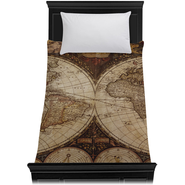 Vintage World Map Duvet Cover - Twin - On Bed - No Prop