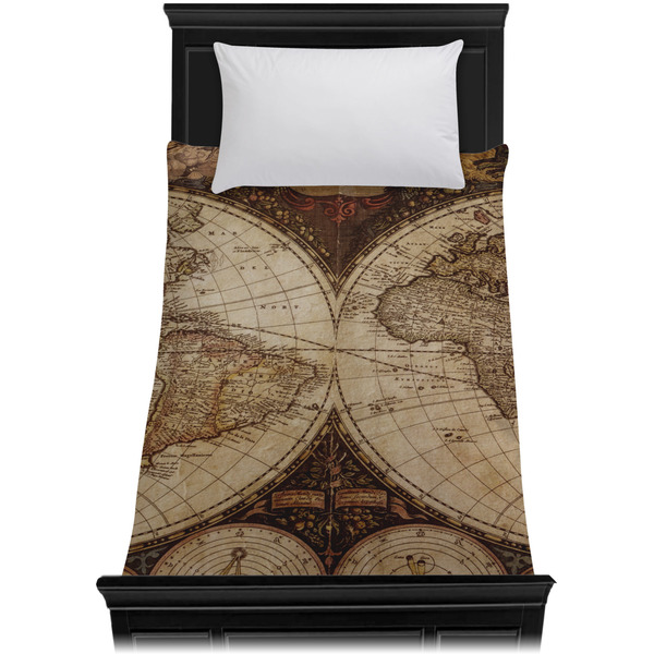 Vintage World Map Duvet Cover - Twin XL - On Bed - No Prop