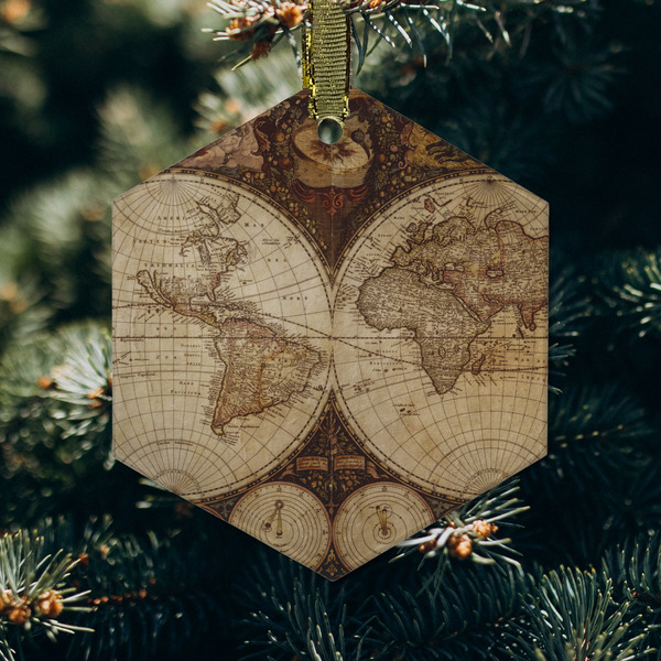 Vintage World Map Frosted Glass Ornament - Hexagon (Lifestyle)