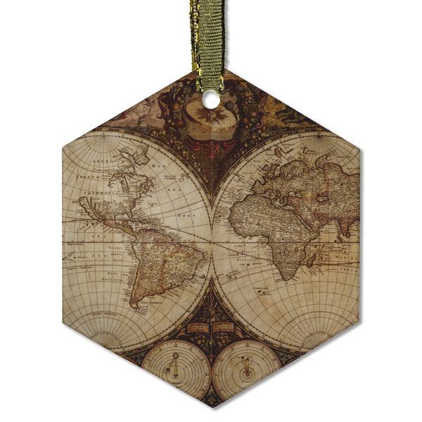 Vintage World Map Frosted Glass Ornament - Hexagon