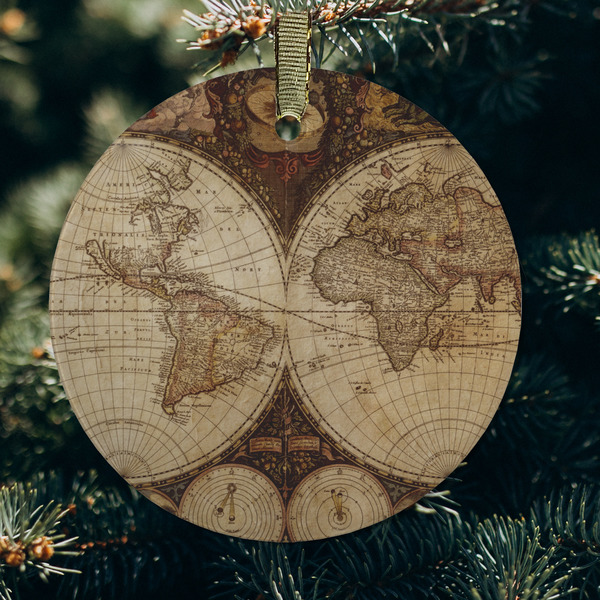 Vintage World Map Frosted Glass Ornament - Round (Lifestyle)
