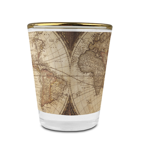 Vintage World Map Glass Shot Glass - With gold rim - FRONT