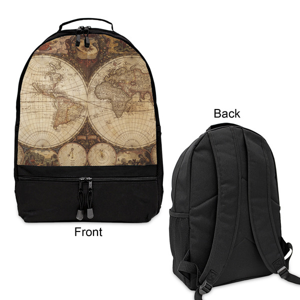 Vintage World Map Large Backpack - Black - Front & Back View