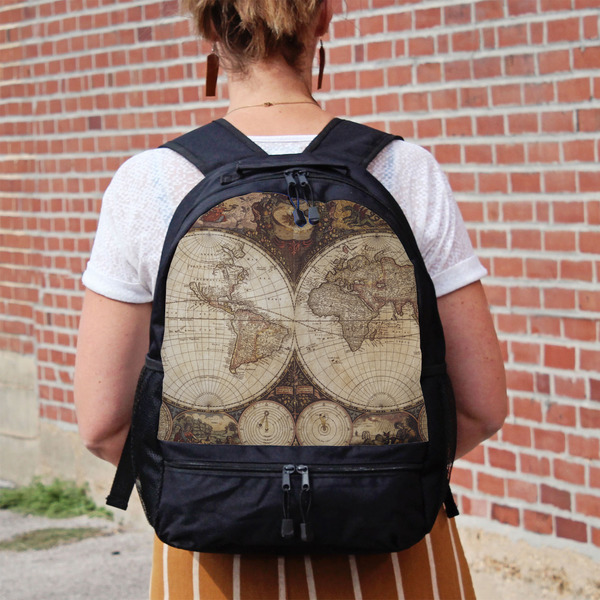 Vintage World Map Large Backpack - Black - On Back