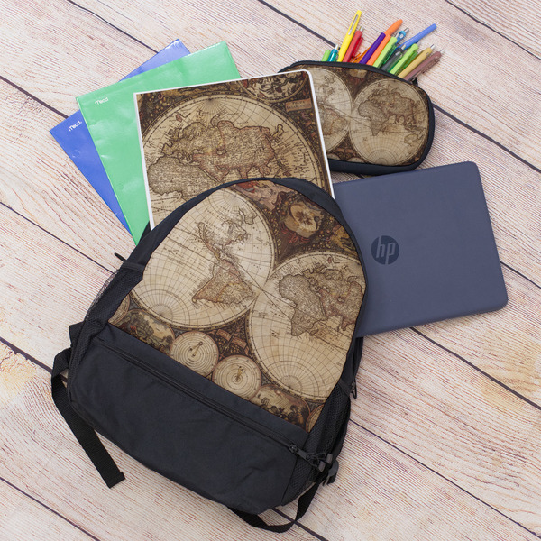 Vintage World Map Large Backpack - Black - With Stuff