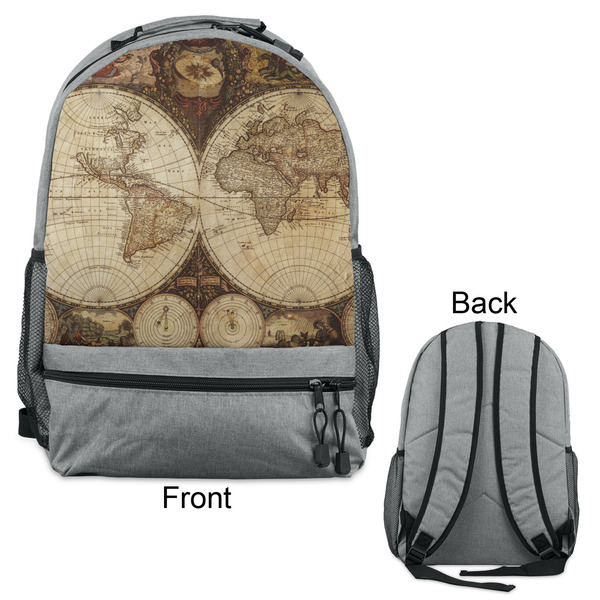Vintage World Map Large Backpack - Gray - Front & Back View
