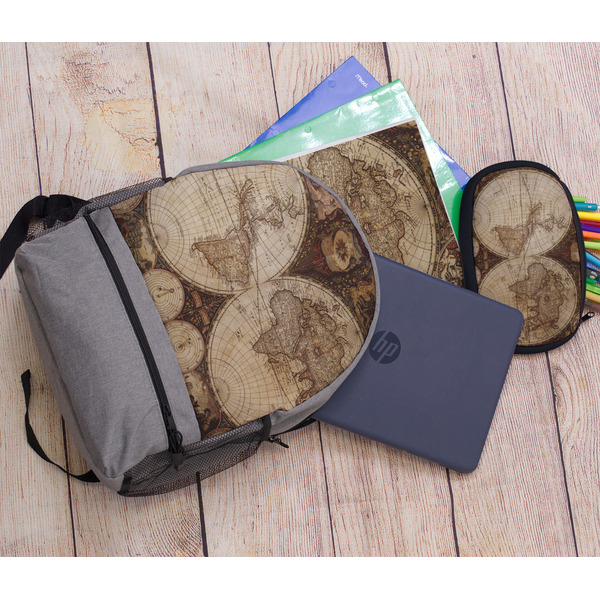 Vintage World Map Large Backpack - Gray - With Stuff