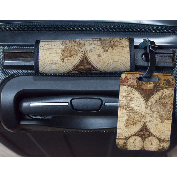 Vintage World Map Metal Luggage Tag & Handle Wrap - In Context