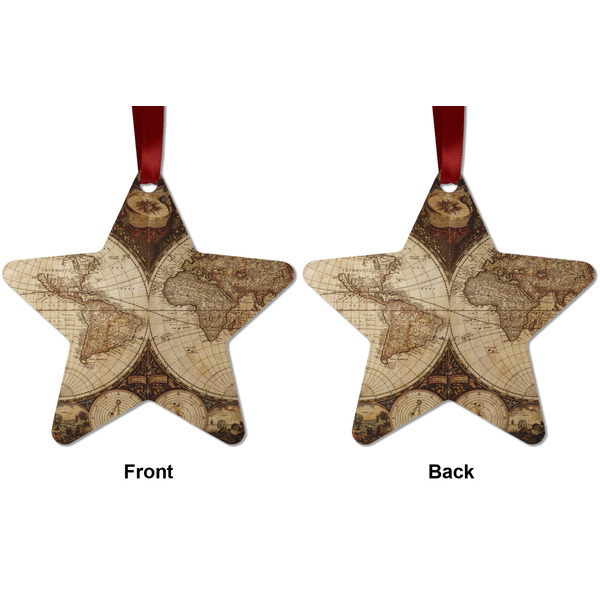 Vintage World Map Metal Star Ornament - Front and Back