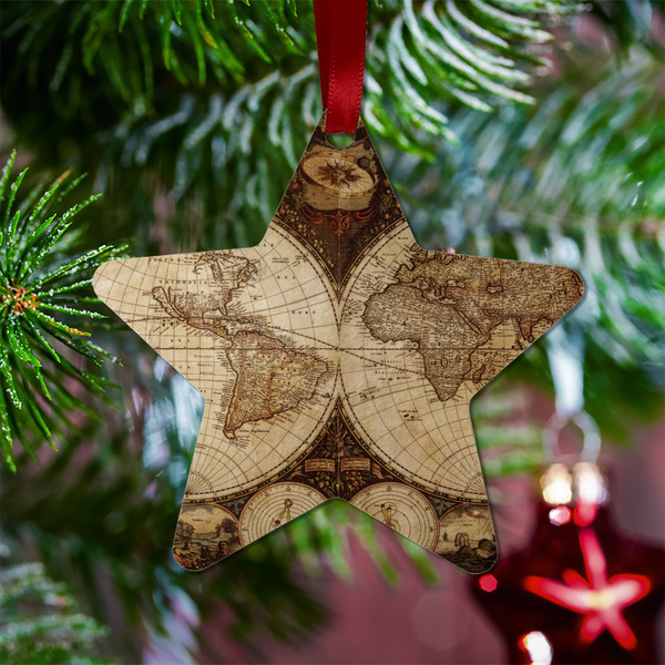 Vintage World Map Metal Star Ornament - Lifestyle