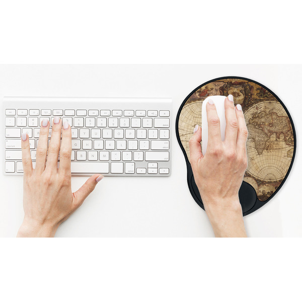 Vintage World Map Mouse Pad with Wrist Rest - LIFESYTLE 2 (in use)