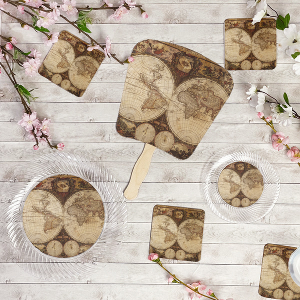 Vintage World Map Party Supplies Combination Image - All items - Plates, Coasters, Fans