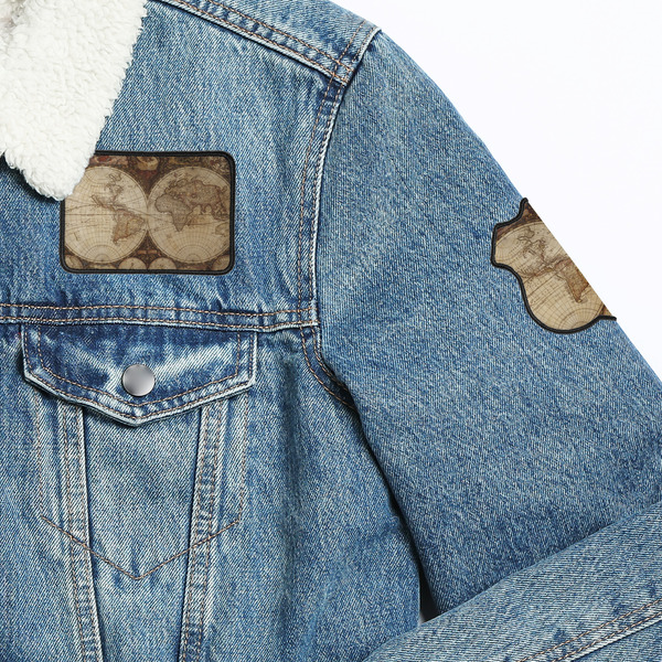 Vintage World Map Patches Lifestyle Jean Jacket Detail