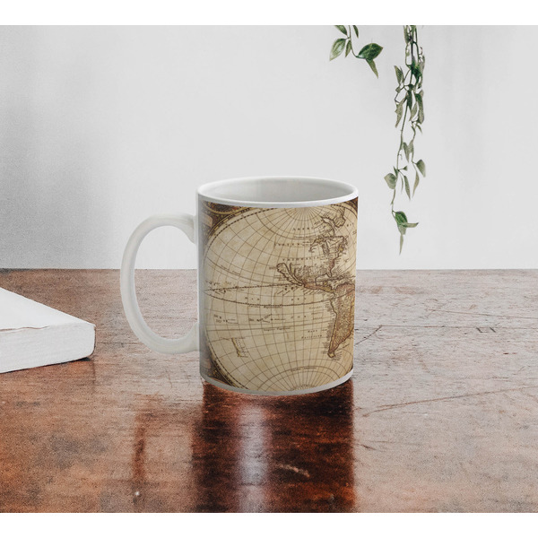 Vintage World Map Personalized Coffee Mug - Lifestyle
