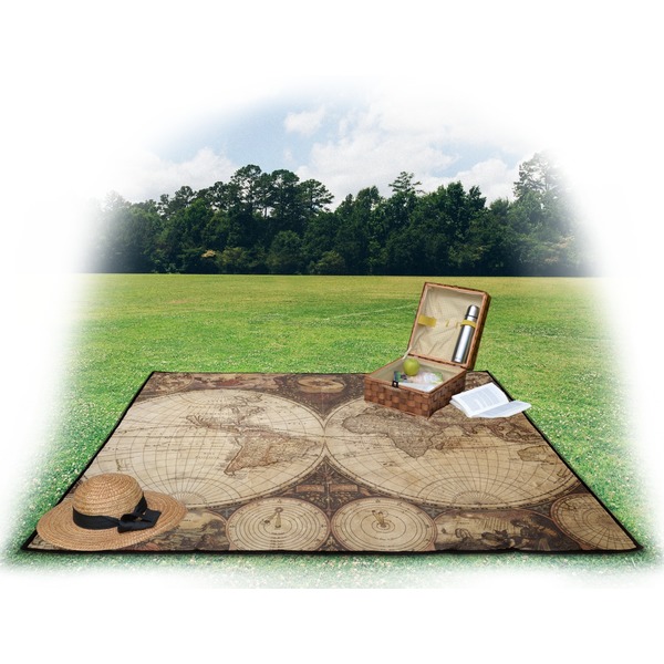 Vintage World Map Picnic Blanket - with Basket Hat and Book - in Use